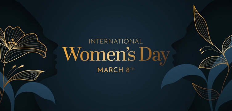 International Women&rsquo;s Day Elegant Blue Banner with Floral Line Art and Woman Profile Vector Illustration