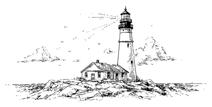 hand drawn vector sketch of coastal lighthouse and keeper house