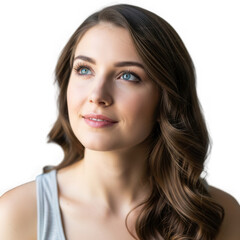 Fototapeta premium A young woman with long brown hair smiles isolated on transparent background