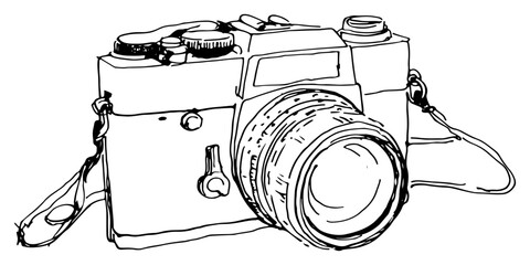 hand drawn vector sketch of a vintage photo camera with strap and lens © Celestynka