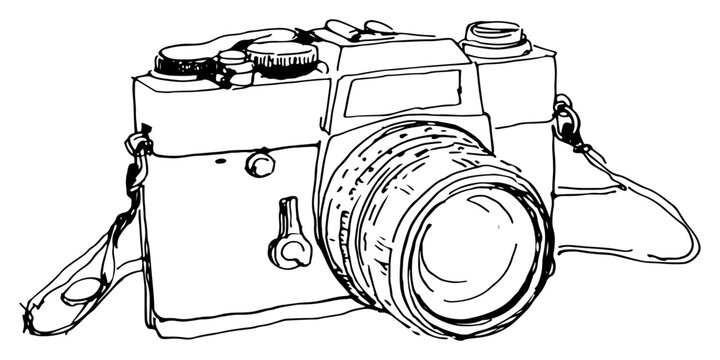 hand drawn vector sketch of a vintage photo camera with strap and lens