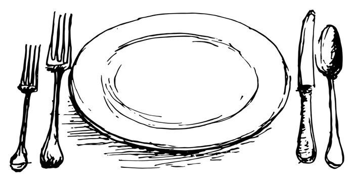 hand drawn vector sketch of table setting with plate fork knife and spoon