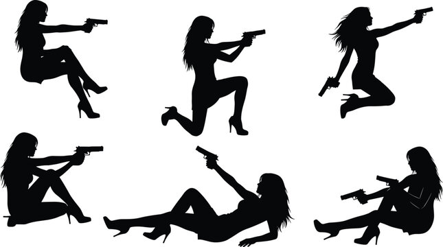 Set of Six Black Silhouette Action Women Wearing High Heels Holding Handguns in Various Dynamic Poses Isolated on White Background