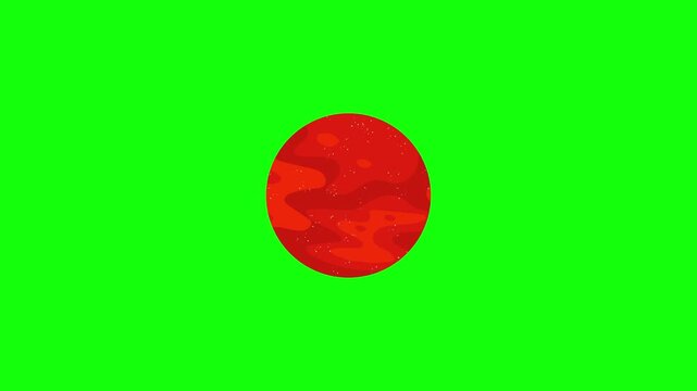 Looping 2D animation of a stylized red planet slowly rotating, flat cartoon look with darker lava‑like patches and tiny sparkling stars on the surface, centered on bright green chroma key background.