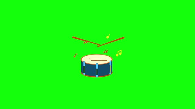 Looping 2D animation of a snare drum being played, two drumsticks bouncing up and down in rhythm on the drumhead, colorful music notes popping out, centered on bright green chroma key background.