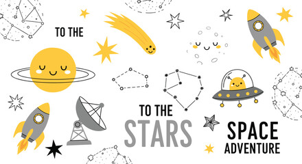 Cute Space Adventure Collection with Rockets Planets UFO and Star Constellations Vector Illustration Set for Kids Astronomy and Nursery Design © Rumi