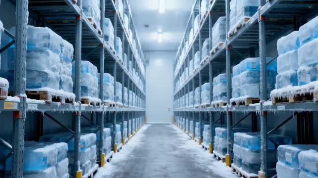 Medium shot of cold storage warehouse showcasing singledeep pallet racking aisles with frozen goods neatly organized on metal racks.