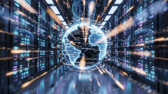 Exploring a data center with digital globe showing connections around the world during a busy workday