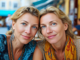 海外旅行している女性二人組のセルフィー