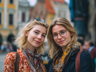 海外旅行している女性二人組のセルフィー