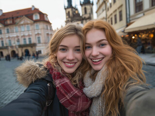 海外旅行している女性二人組のセルフィー