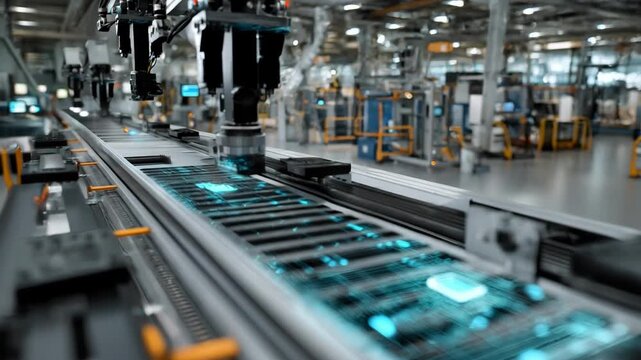 Medium shot of advanced AIpowered quality control system inspecting products on a manufacturing line highlighting realtime defect detection technology.