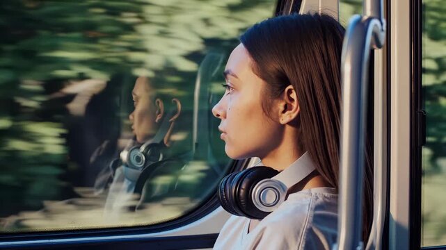 Teenager girl looks outside as passenger. Girl listener in train. Traveler youth reflects window. Teenager commuter remains calm. Passenger thinker enjoys ride. Listener dreamer moment youth traveler