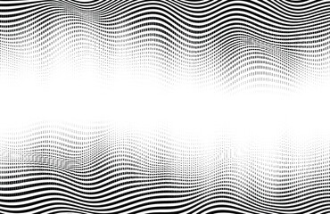 Abstract vector black wavy lines with halftone dot textures on white. Distressed pattern optical art, dotted black and white border design.