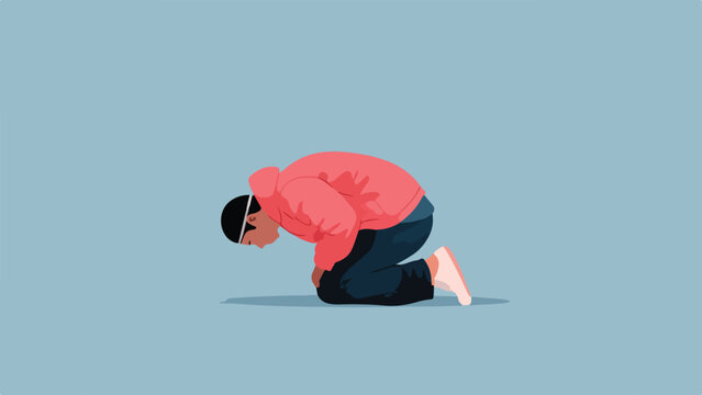 Person in a coral hoodie and dark pants kneels with head bowed on a blue background