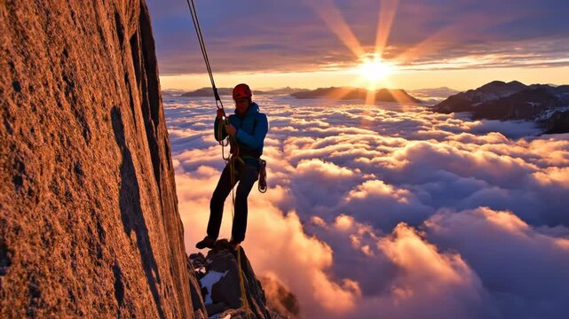 Man Rock Climbing Above Clouds at Sunrise.