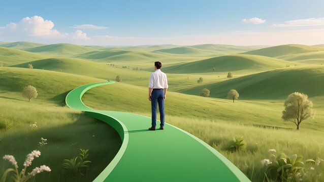 Man standing on a green path rolling hills digital art serene landscape wide angle journey of discovery