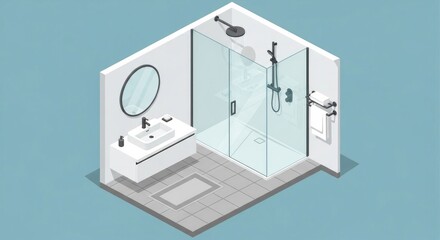 Modern Bathroom Isometric View: Shower, Sink, Mirror, Towel Rack, Minimalist Design