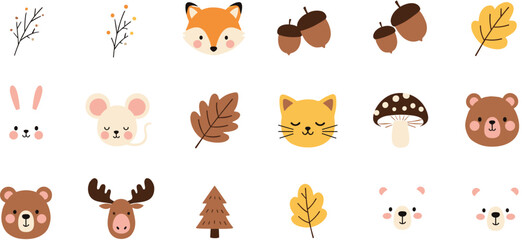 Cute Woodland Animal Icons Collection with Fox Bear Deer and Autumn Nature Elements Vector Set for Kids Design and Nursery Decor © Rumi