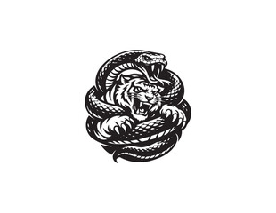 Tiger and snake fighting illustration vector graphic in hand drawn style. black and white