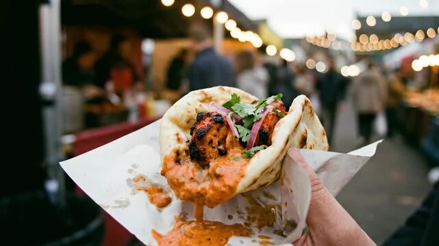 Tandoori chicken wrapped flatbread with creamy sauce and fresh herbs served as street food lively outdoor market setting with blurred background