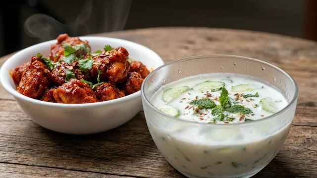 Spicy chicken tandoori served hot in bowl with fresh herbs and creamy cucumber raita garnished with mint and cumin seeds on rustic wooden table