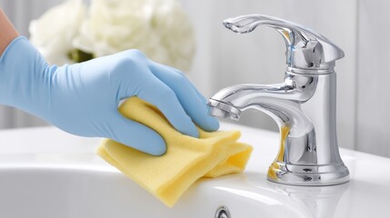 Close-up of a blue nitrile-gloved hand polishing a chrome bathroom faucet with a yellow cloth over a clean sink