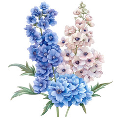 Bouquet Blue and Pink Flowers with Green Leaves