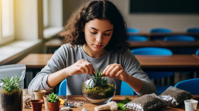 Young woman planting succulent in a terrarium. Cultivating mini garden for therapeutic activity and special needs support.