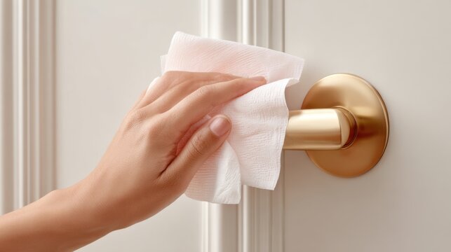 Hand wipes door handle with disinfectant in clean entryway to maintain hygiene and prevent germs