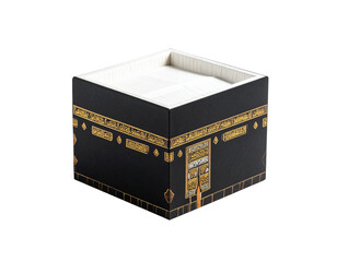 Decorative kaaba-inspired tissue box cover with black and gold ornamentation