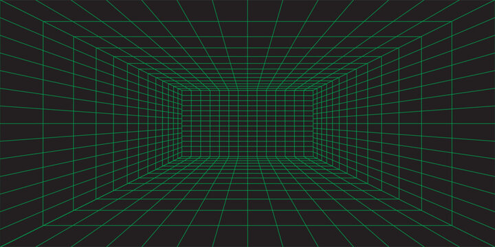 Empty futuristic digital box room. Wireframe grid template in perspective