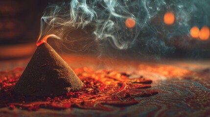 Mesmerizing Smoke Rising from a Pyramid Shaped Incense Cone on Colorful Decorative Fabric Background