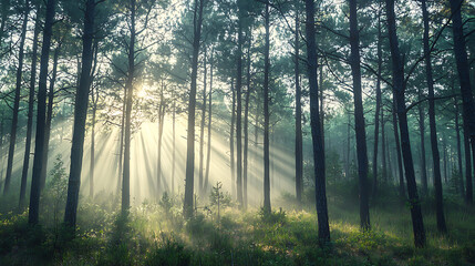 Fototapeta premium Sunbeams piercing through a misty forest canopy creating a magical natural atmosphere.