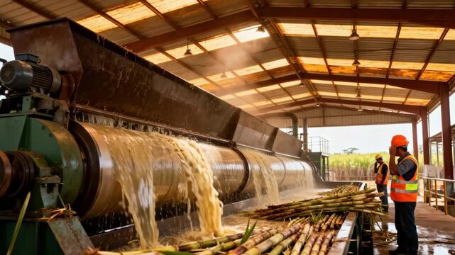Inside a covered outdoor facility medium shot captures the juice extraction from sugar cane using large continuous diffusers showcasing operators monitoring the process.