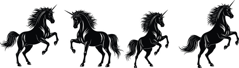 Obraz premium Vector illustration of unicorn silhouettes in prancing poses, fantasy black artwork featuring horns, flowing manes, and dynamic raised legs