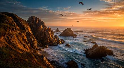 Obraz premium Vibrant golden sunset bathes rugged coastal cliffs and ocean waves