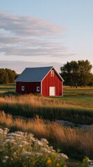 Obraz premium Tranquil Red Barn Nestled in Lush Grassland Under a Golden Evening Sky