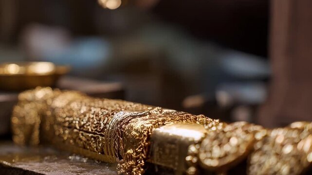 Closeup medium shot of intricate jewelry being coated with shimmering gold electroplating highlighting fine craftsmanship and reflective surfaces.