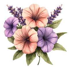 Watercolor Bouquet with Peach Purple Flowers and Green Leaves