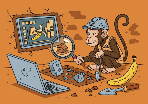 Monkey Archaeologist Studying Ancient Artifacts with Technology.