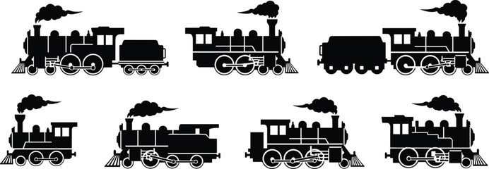Vector illustration of diverse steam locomotive silhouettes symbolizing transportation, travel, history, culture, engineering, education, and social values