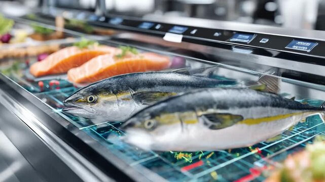 Medium shot capturing a fish prep station using frequent automatic cleaning cycles focusing on bright spotless countertops and seamless sanitation process.