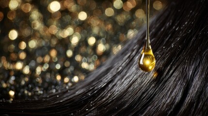 Obraz premium Close-Up of A Drop of Natural Oil Gliding Down Shiny Black Hair Against a Blurred Golden Background