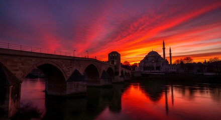 Fototapeta premium Mosque and Bridge at Dramatic Sunset Reflections