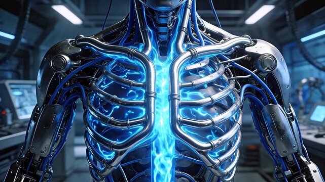 Cyborg torso with glowing blue internal structure