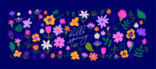 Spring flower clipart set with Hello Spring lettering on dark navy background. Hand-drawn naive art floral collection in vibrant pink, orange and purple tones.