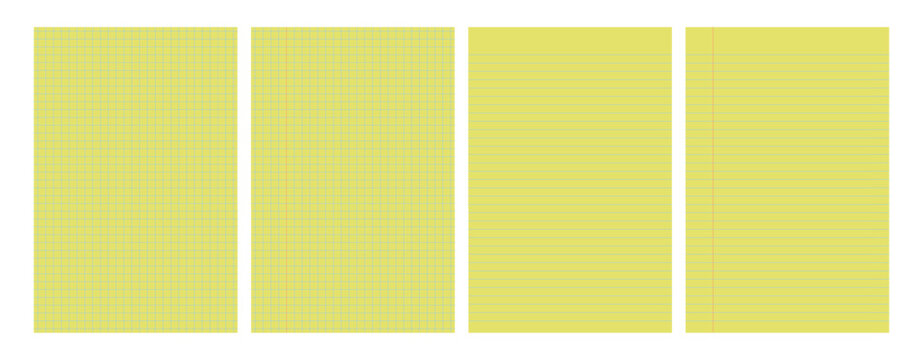 Set of yellow legal pad pages with lined or grid designs