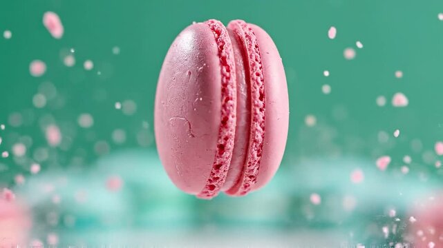 Exploding Pink Macaron Dessert with Crumbs Flying in Slow Motion Against a Teal Background