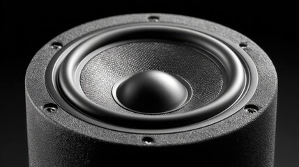 Close-up view of a speaker woofer pulsing with vibrating dust particles in dark studio lighting
